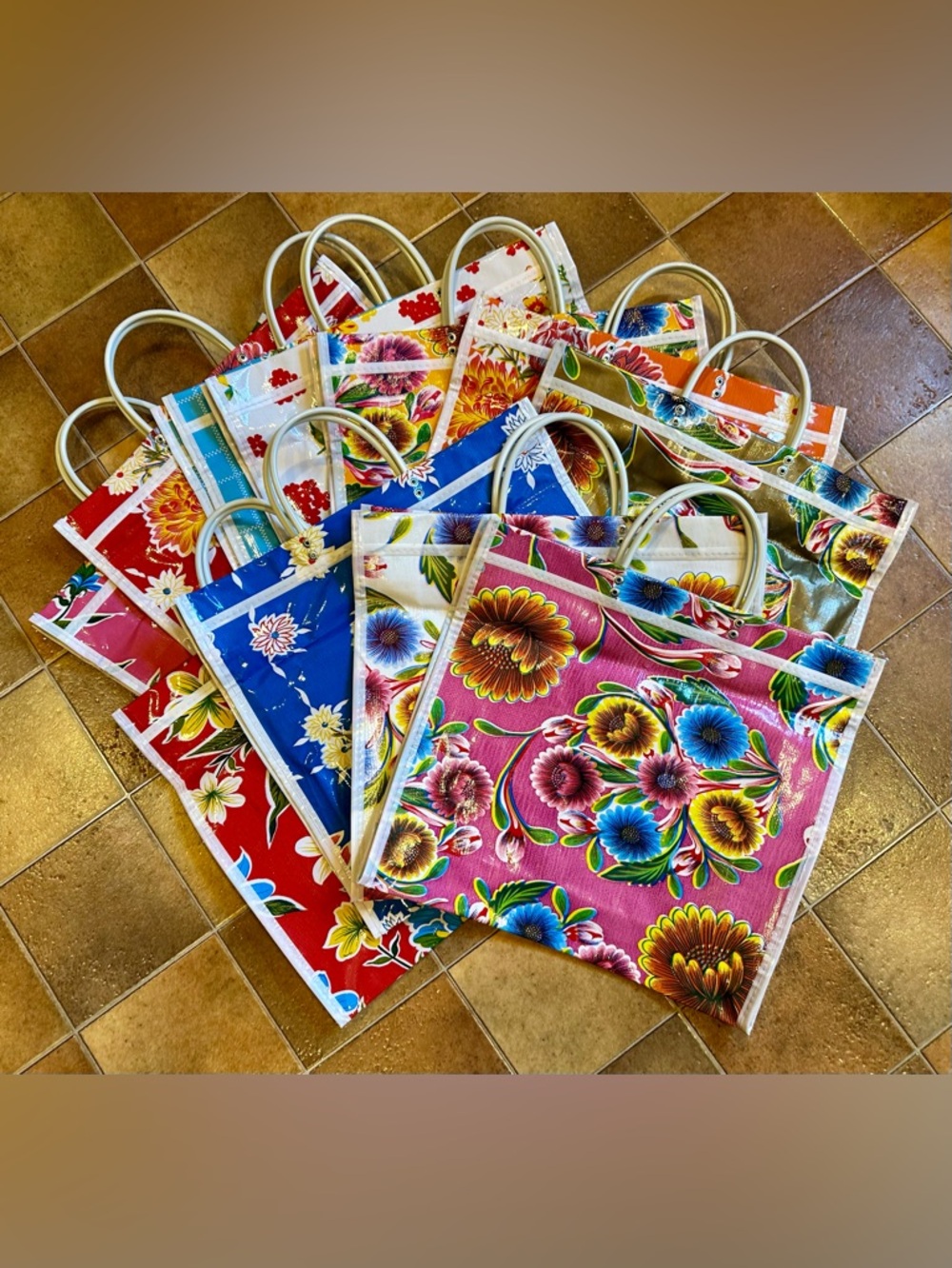 Mexican Oilcloth Shopping Bag-Colorful Floral Pattern-15”x 14” x 4”